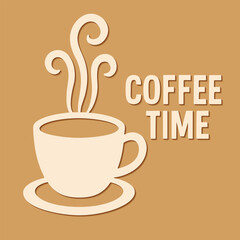 Coffee Time Typography with Steaming Cup Silhouette – Minimal Cut Style on Brown Background