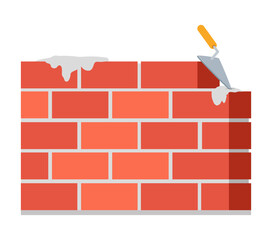 Brick wall and trowel with mortar for bricklaying vector illustration
