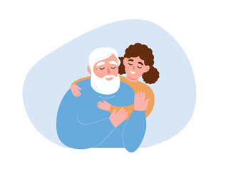 Girl hugs her grandfather with gray hair and beard. Happy family of different generations. Vector flat graphics.