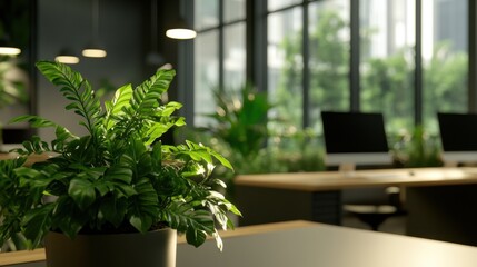 Bright indoor office space with lush green plants modern design serene environment close-up perspective for productivity