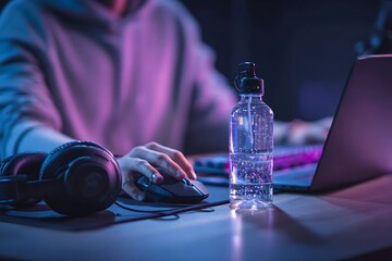 A gamer is hydrating during a session while using a mouse and headphones set in neon lighting.