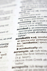 Close Up Of English Dictionary Page With Definition Word - Acrobatic