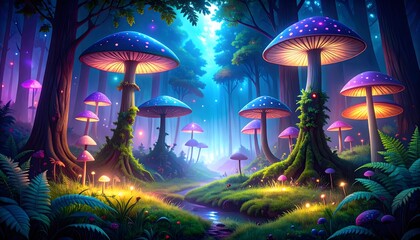 Enchanted glowing mushroom forest fantasy landscape high resolution photo