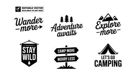 Obraz premium Collection of six camping themed graphic designs with motivational text and icons on white background