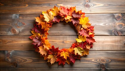 Fall leaves circle on rustic table high resolution photo