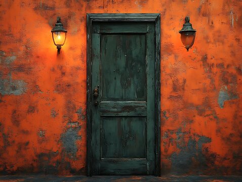 Old wooden door with street lamps against a textured orange wall background