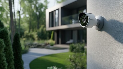 Surveillance camera installation enhances home security modern residence photography outdoor close-up safety awareness