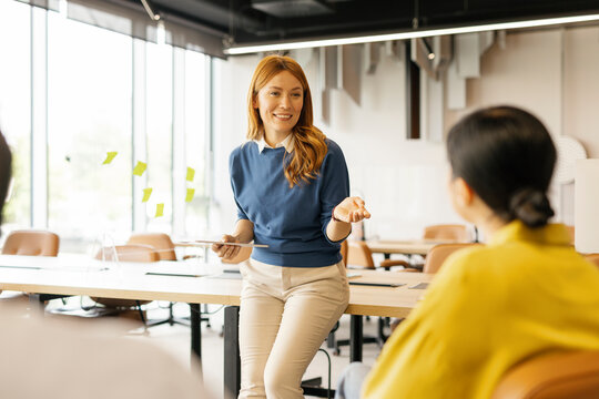 Manager explaining a project during a meeting in a modern office