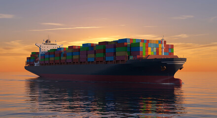 Fototapeta premium A cargo ship loaded with colorful shipping containers sails on the ocean during a vibrant sunset.