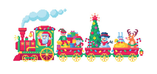 Pixel art 8-bit vector Christmas sprite of festive train with Santa Claus elves and gifts in retro style character design on white background for video game or digital project