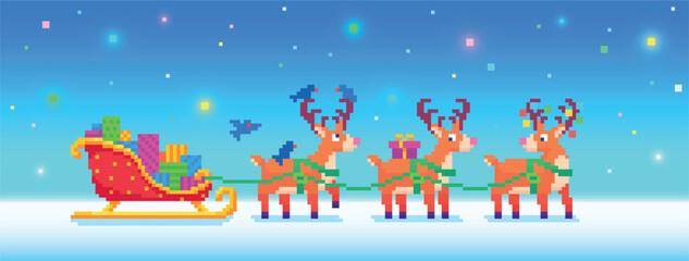 Pixel art 8-bit vector Christmas illustration featuring Santa's sleigh filled with gifts, pulled by reindeer on a snowy winter background retro holiday illustration retro festive scene