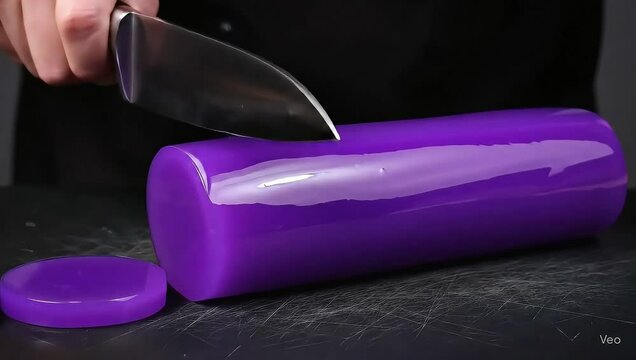 4K macro footage of a deep purple cylinder being sliced into smooth discs. Ideal for satisfying visuals and ASMR content with soft, glossy texture and precision cuts.