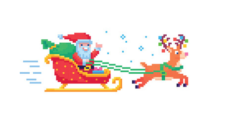 Pixel art 8-bit vector Santa Claus rides sleigh pulled by reindeer with gifts isolated on white background festive winter holiday scene illustration