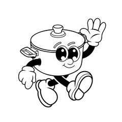 Retro character design of friendly cooking pots outline