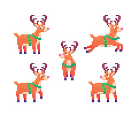 Pixel art 8-bit vector set of Christmas reindeer in unique poses festive winter holiday cute characters pixel sprite set isolated on white background perfect for game projects