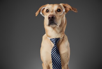 A charming little dog, dressed in a classy tie and stylish glasses, is all set for a professional setting