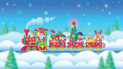 Pixel art 8-bit vector festive train with Santa Claus elves gifts and Christmas tree traveling through snowy winter scene under night starry sky with cute characters pixel background