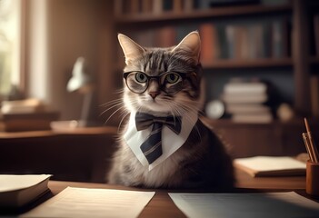 A very stylish and elegant cat, wearing a charming bow tie and fashionable glasses, relaxes in a cozy library