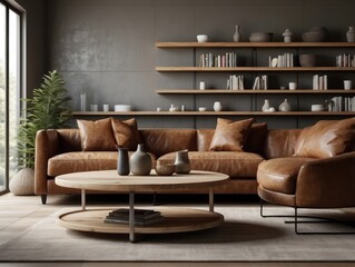 Round wood coffee table between brown leather chair and ottoman against sofa. Wall with floating shelves