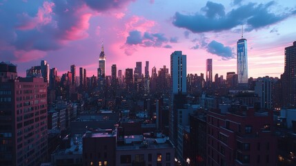 Fototapeta premium Sunset skyline view new york city urban photography evening atmosphere aerial perspective colorful clouds
