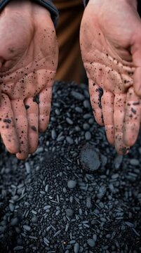 Hands Pouring Biochar for Soil Health Enhancement