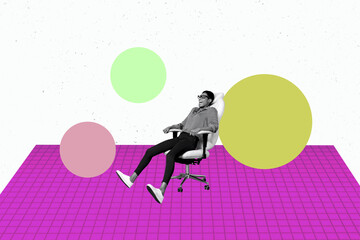 Poster graphics collage of person ride office chair flying balls on white pink background