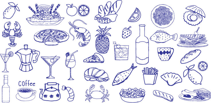 Hand drawn Italian food icon doodle vector set featuring pizza, pasta, herbs, desserts, and drinks. Perfect for menus, packaging, and social posts. Hand-drawn, fun, modern, and foodie-themed elements.