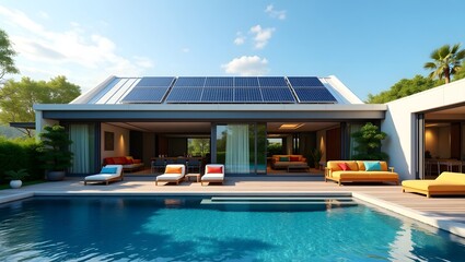 Modern house with rooftop solar panels high resolution photo