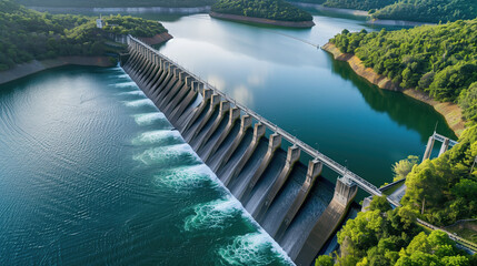 Fototapeta premium Dam Hydroelectric power station on the river with bridge, small hydroelectric power station and water sluice. Clean green renewable energy. Alternative energy. Ecology. Environmental protection