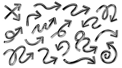 Set of 3D Y2K arrows made of chrome wire with halftone pixel effect, isolated elements