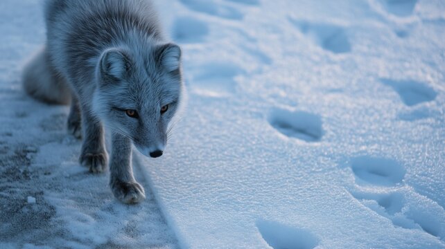 A curious Arctic fox walks across the snow, leaving tracks in the winter afternoon light.