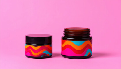 Two jars with colorful labels on a pink background product shot
