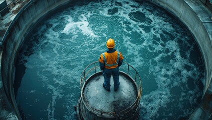 Worker observes water treatment facility