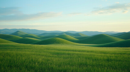 Obraz premium Green field and blue sky with mountains and lush grass landscape