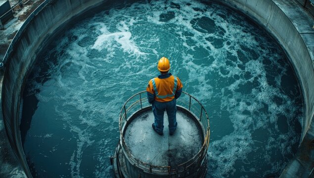 Worker observes water treatment facility - Powered by Adobe