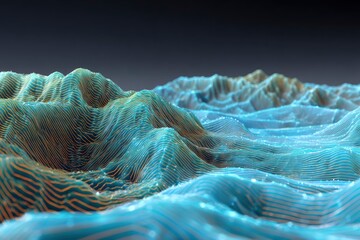 Layered landscape with blue orange lines resembling mountain ranges illuminated particles scattered across surface