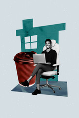 Sketch pop image art collage of happy american girl sit chair remote home work freelancer coffee...