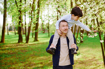 father and son bonding outdoors among blossoming trees in springtime park. child rides on father's...