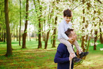 father giving son piggyback ride in blooming spring forest. smiling child enjoying nature, parent...