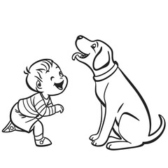 Fototapeta premium Black and White Illustration Boy and Dog Playing child