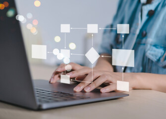 Business process and workflow automation with flowchart. Businessman in the background, managing...