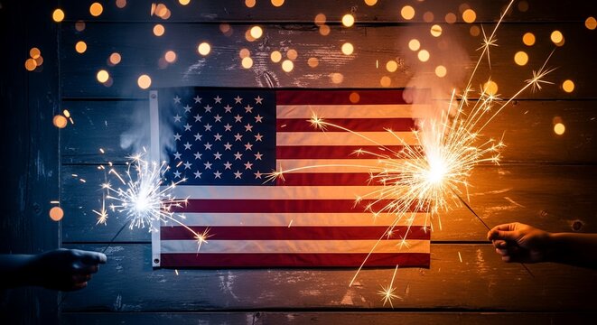 Hand holding sparkler near rustic American flag with festive lights