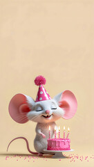 Cute mouse wearing pink party hat celebrates birthday with cake and lit candles on beige background