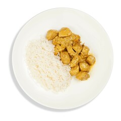 A white plate with rice and chicken on a white background