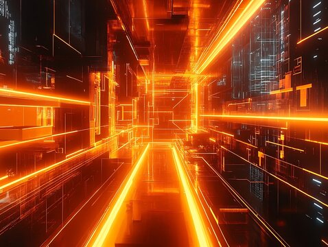 Futuristic Glowing Cityscape with Interconnected Systems in Warm Orange Light