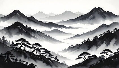Traditional japanese ink mountain landscape scene high resolution photo