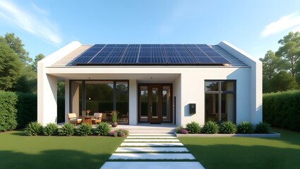 Sustainable home exterior with solar energy high resolution photo
