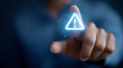 Cybersecurity Warning Concept with Malware Alert Icon Hand Pressing