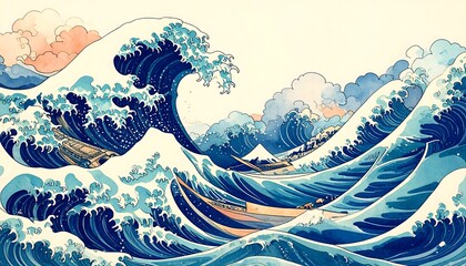 Traditional japanese sea wave brush art high resolution photo