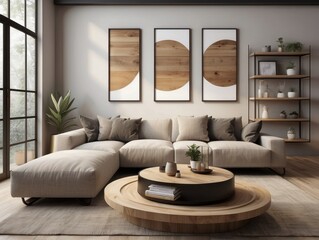 White sofa with fringed pillows and knitted blanket. Boho home interior design of modern living room